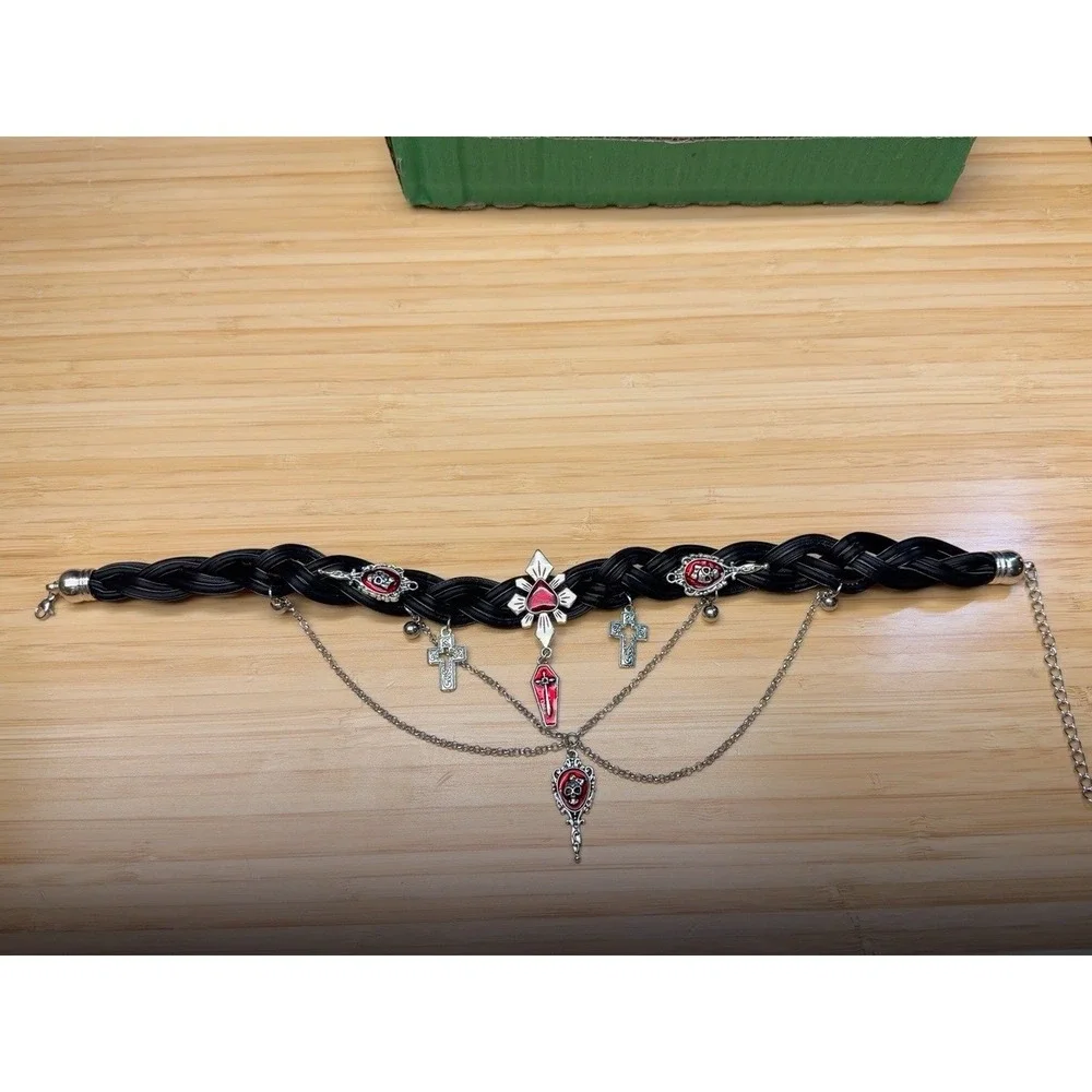 Gothic Vampire Choker Skull Coffin Cross Red Black Braided Necklace 13